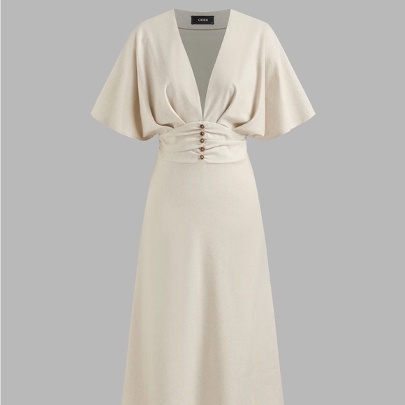 Linen Blend Ruffle Ruched Midi Dress - Picture 5 of 5